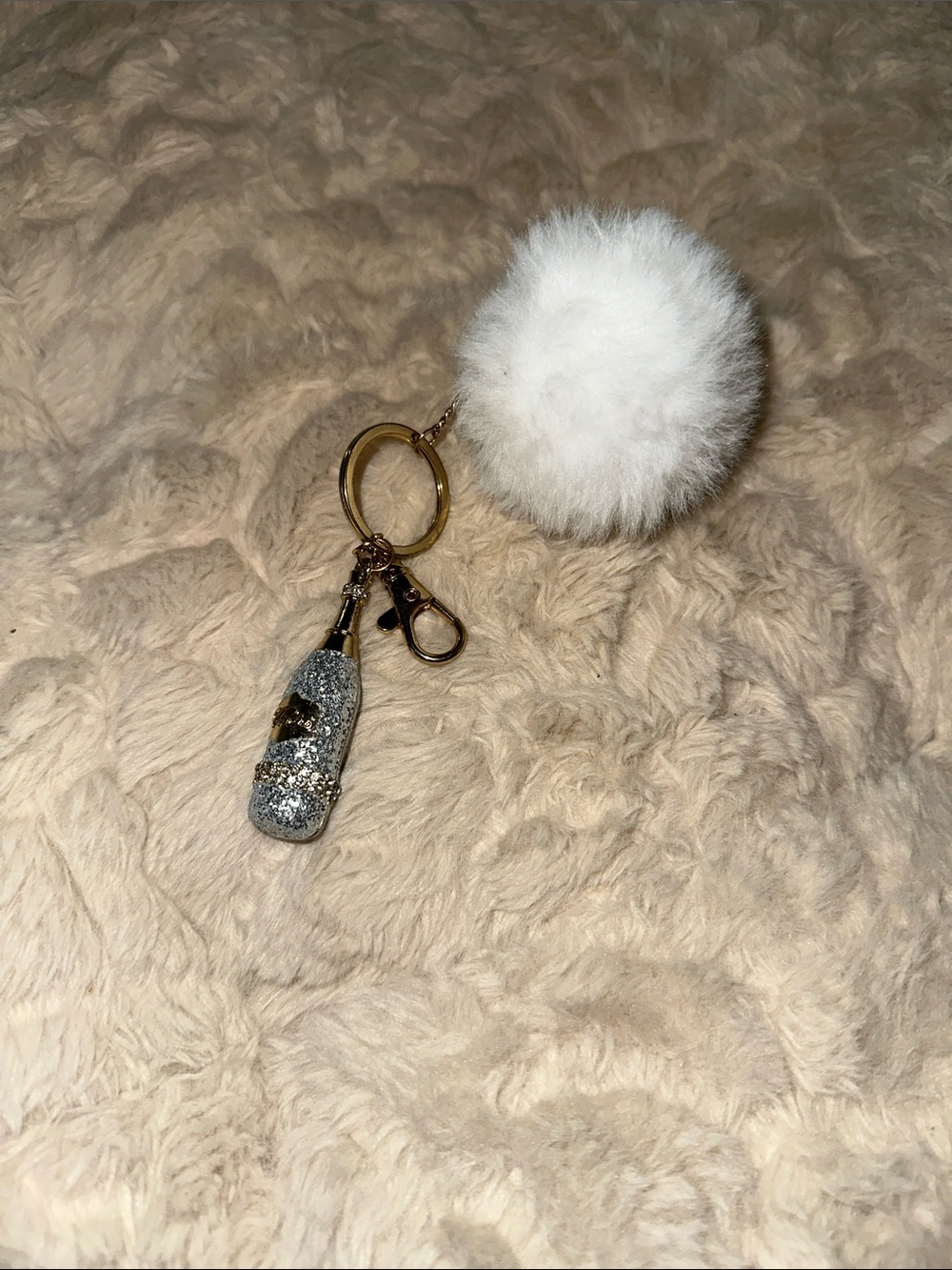 Mrs. White Pom Pom Keychain with Silver Glitter Charm